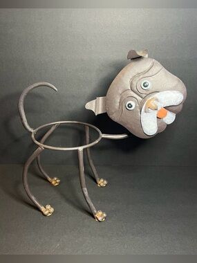 Unique Whimsical Metal Bobble Head Bulldog Flower Pot Holder Planter Dog Figure